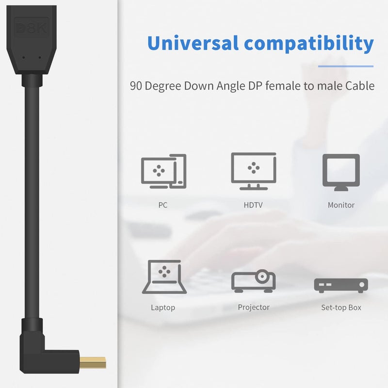 Poyiccot DisplayPort 1.4 Cable, 8K DisplayPort Extension Cable, 90 Degree Displayport 1.4 Extender Ultra HD DP to DP Extension Cable, up to 8K/60Hz, 4K/144Hz for Video/Audio, 15cm (Down Angle) - Image 3